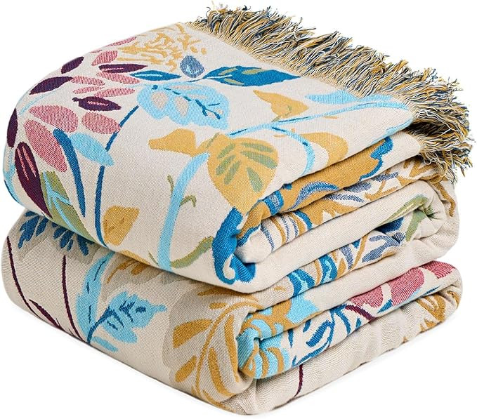MSGKV Boho Throw Blanket for Bed Cotton 60"x80" Floral Blanket Twin Size Couch All Seasons Muslin... | Amazon (US)