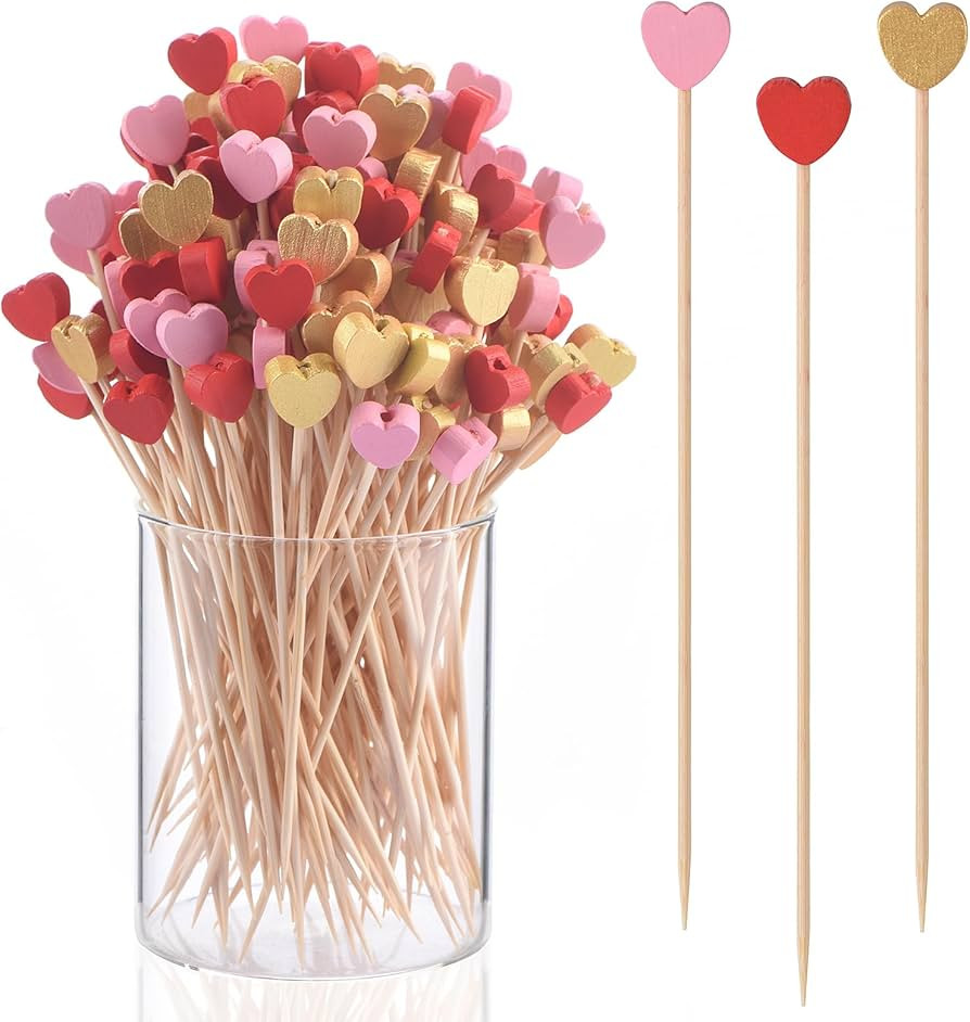 JtmyAota 100 Pack Heart-Shaped Bamboo Cocktail Picks, 4.7" Heart Toothpicks for Appetizers, Natur... | Amazon (US)