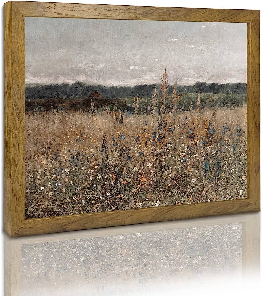 Wildflower Field Landscape Picture - Vintage Landscape Art Print, Country Field Wall Art - Framed... | Amazon (US)