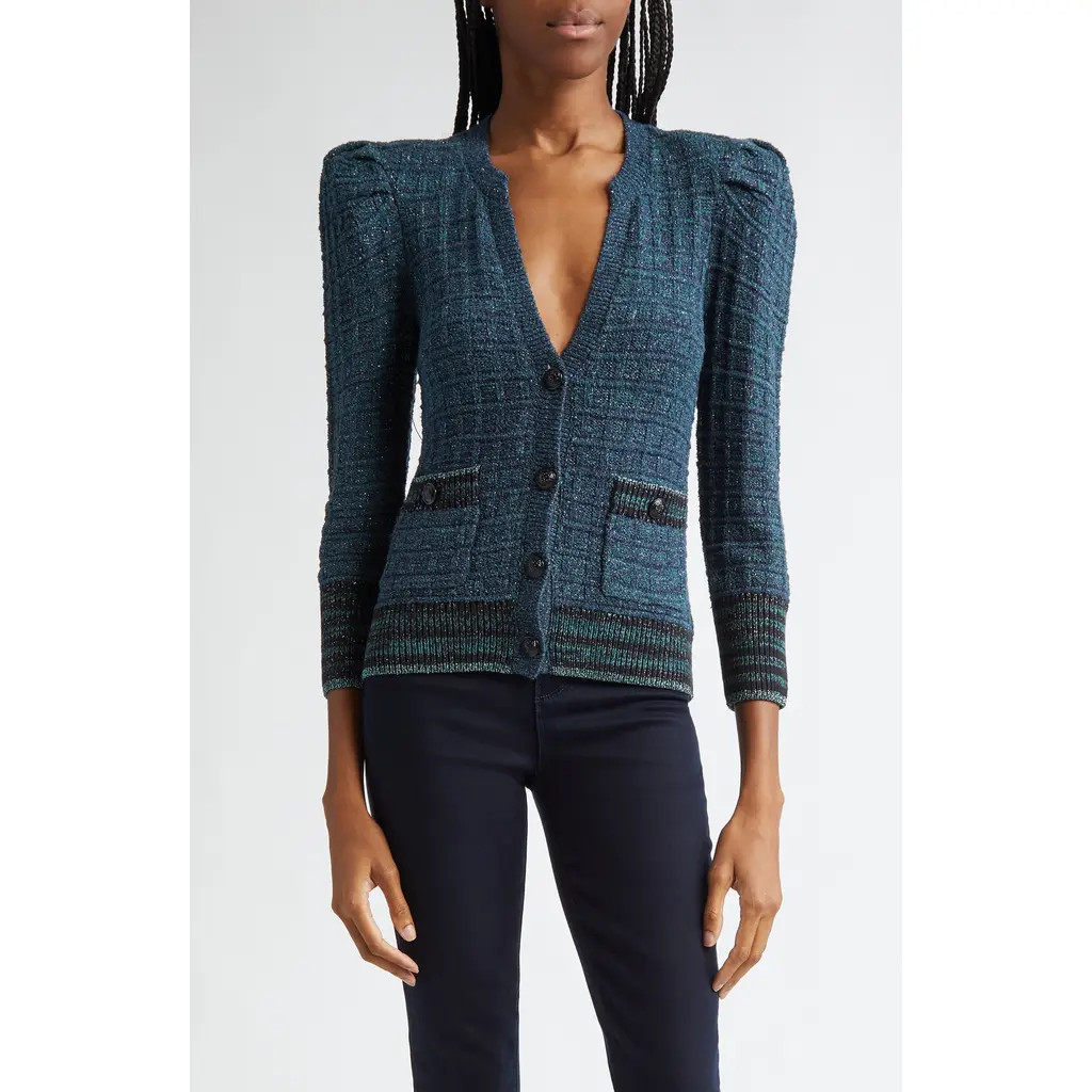 L'AGENCE Jenni Puff Shoulder Waffle Stitch Cardigan in Deep Teal Multi at Nordstrom Rack, Size X-Large | Nordstrom Rack