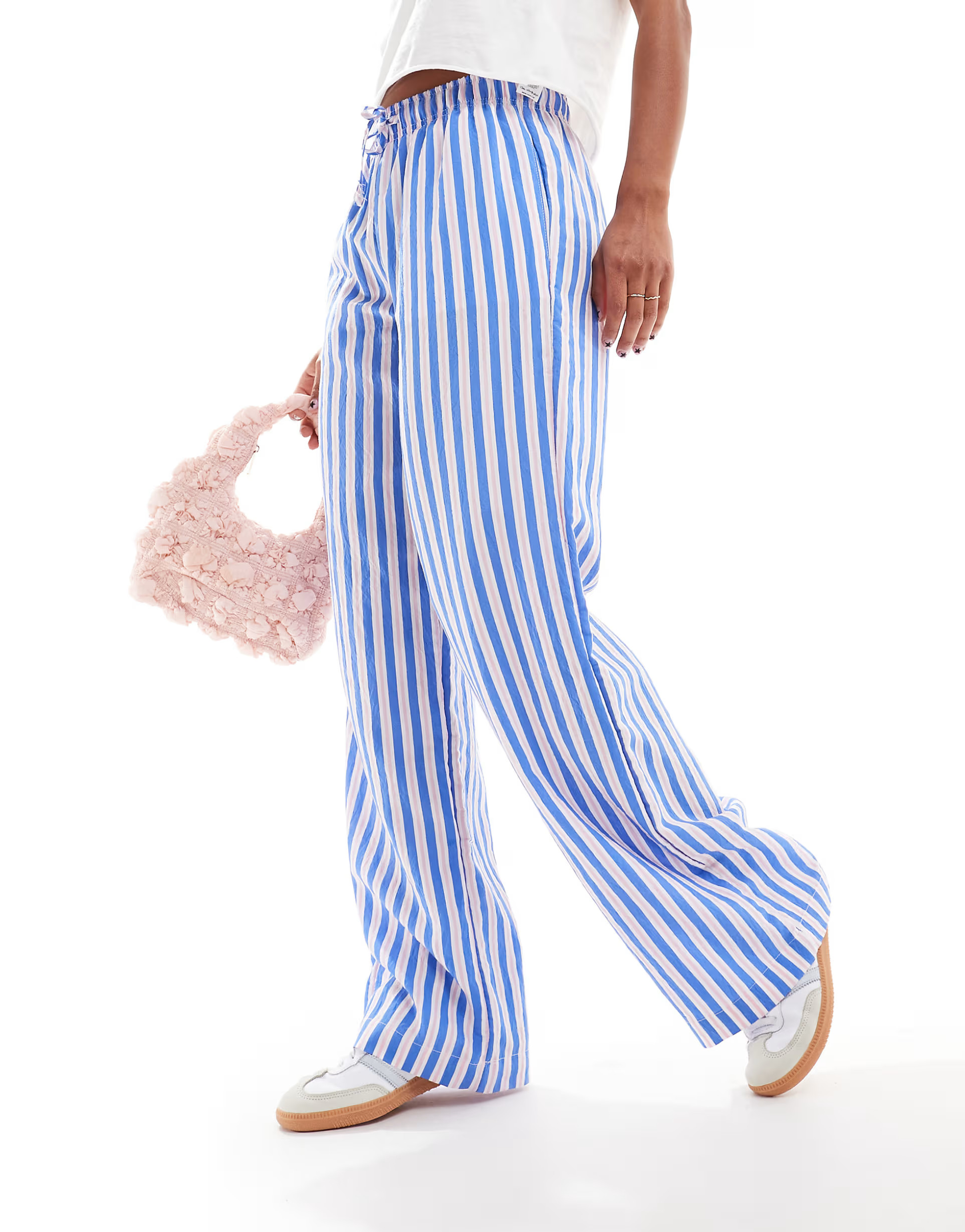 Bershka tie waist wide leg linen look pants in blue & pink stripe | ASOS (Global)