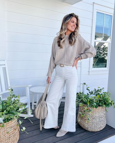 Wide leg jeans! Wearing xs regular (instead of tall) for an ankle fit.  Use code RACHELXSPANX for a discount and free shipping/returns.  Amazon sweater. 

White jeans. 

#LTKshoecrush #LTKstyletip #LTKsalealert