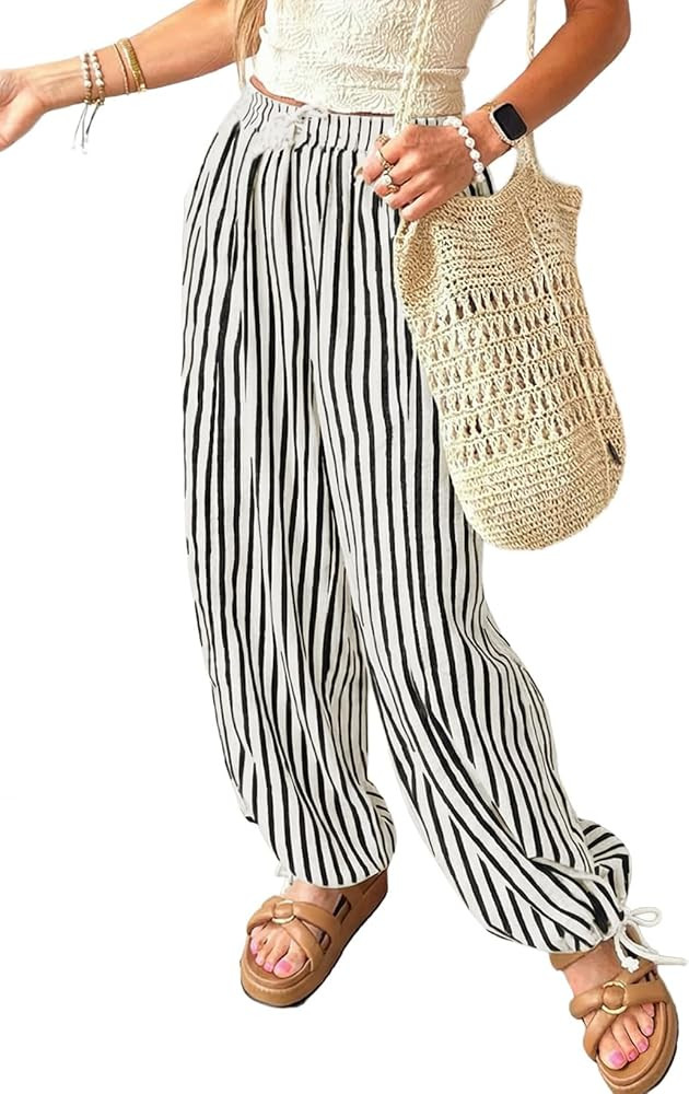 Acelitt Women Drawstring Elastic Waist Striped Pants with Pockets, S-XXL | Amazon (US)