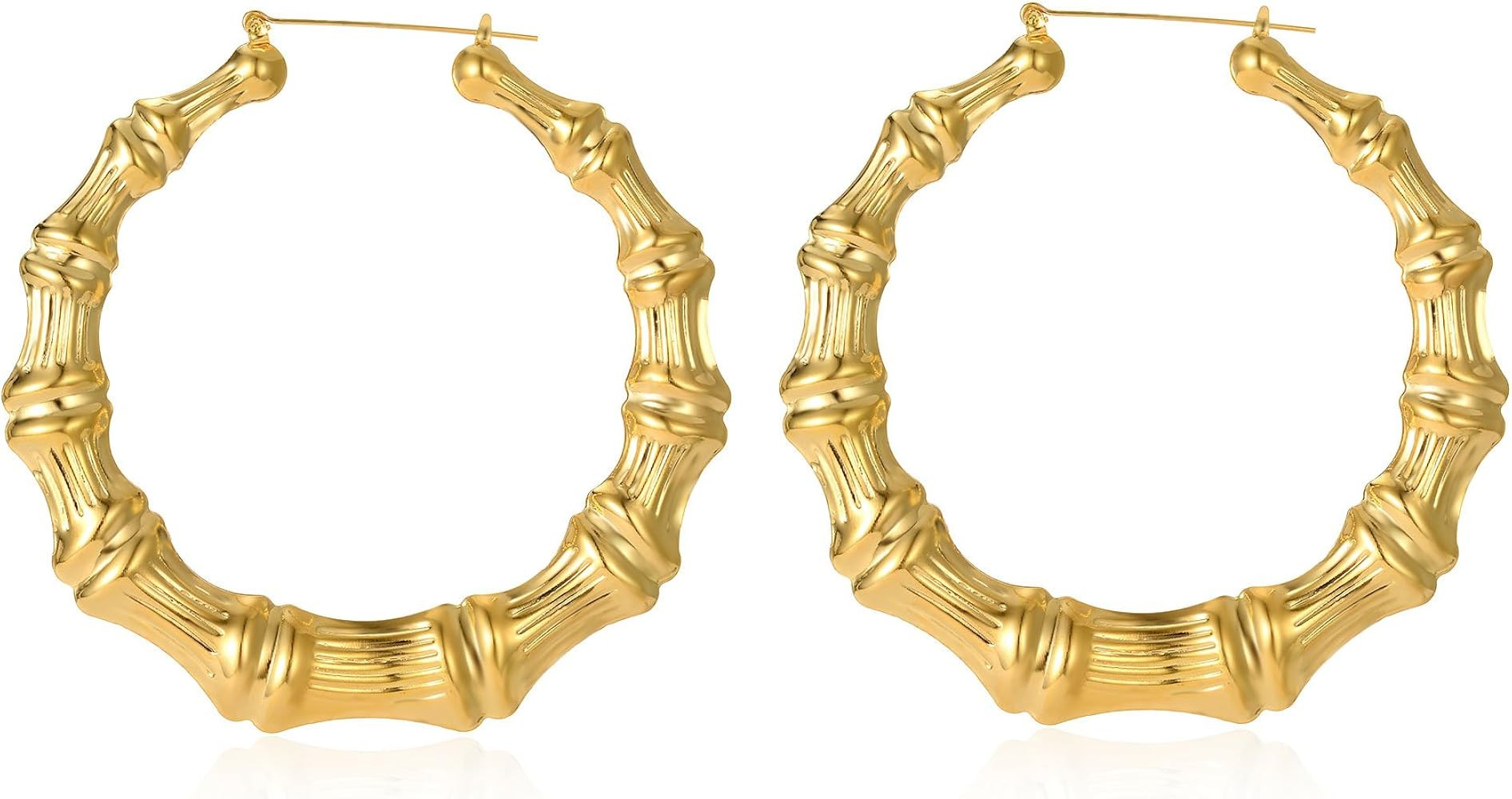 Large Bamboo Hoop Earring Hollow Casting Hip-Hop Statement Jewelry for Women Goldtone Silvertone | Amazon (US)