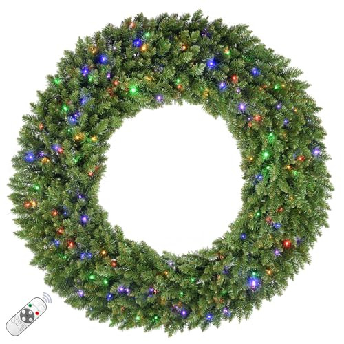 Amaoasis 60 Inch Artificial Pre-Lit Christmas Wreath Remote Control, 350 LED Warm White & Multi-Color Lights with Timer, Holiday Decoration for Front Door, Outdoor | Amazon (US)