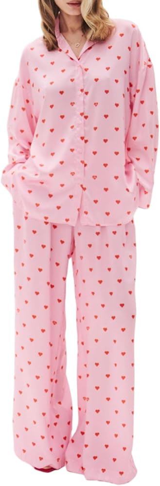 RUEWEY Women 2 Piece Pajama Set Heart Print Long Sleeves Button Down Lapel Shirt Long Pants Match... | Amazon (US)