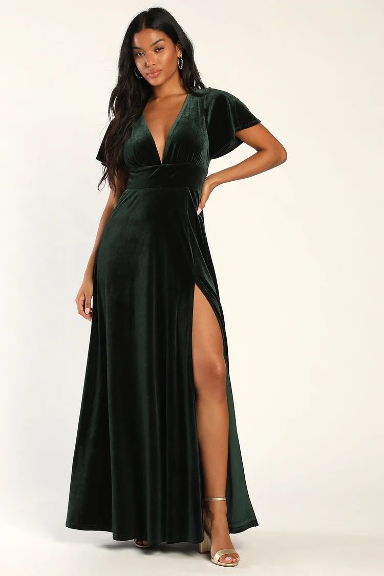 Stunning Days Emerald Green Velvet Flutter Sleeve Maxi Dress | Lulus (US)