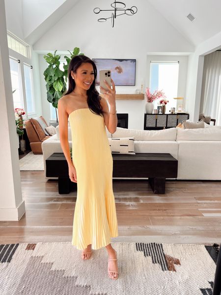 Yellow midi dress that I absolutely love and is stunning on! Comes in a few colors and would be perfect for wedding guest dress, events and more. On sale for 20% off! I am wearing size XS. I love the yellow for spring 

#LTKstyletip #LTKSeasonal #LTKsalealert