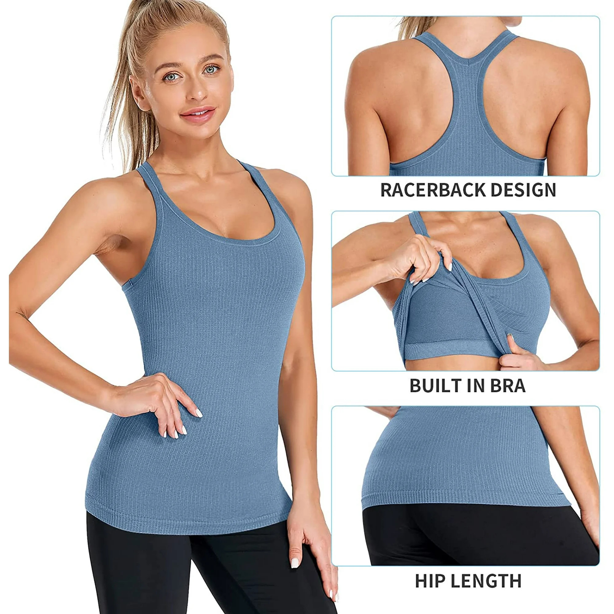 Women's Ribbed Workout Tank Tops with Built in Bra Racerback Athletic Top | Walmart (US)