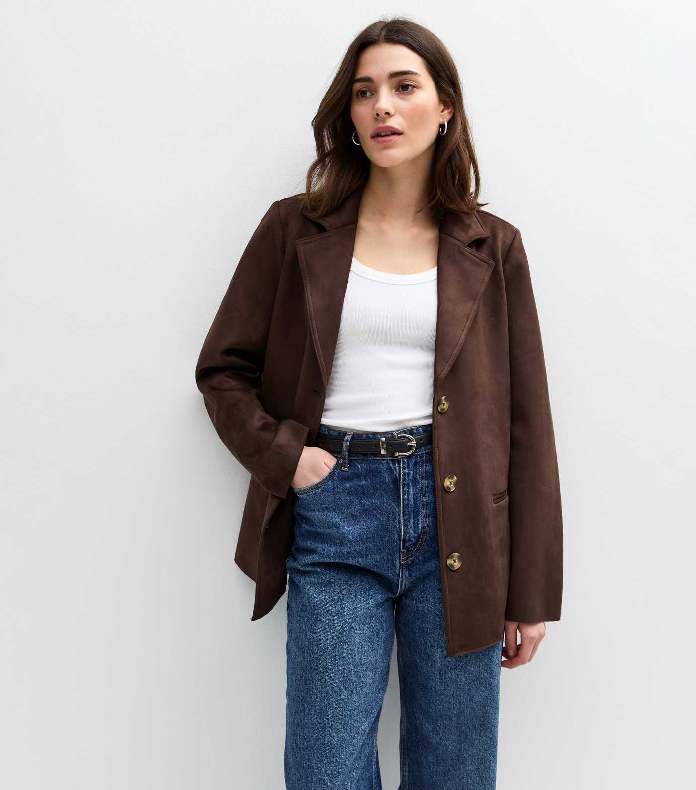 Dark Brown Faux Suede Button Up Jacket | New Look | New Look (UK)