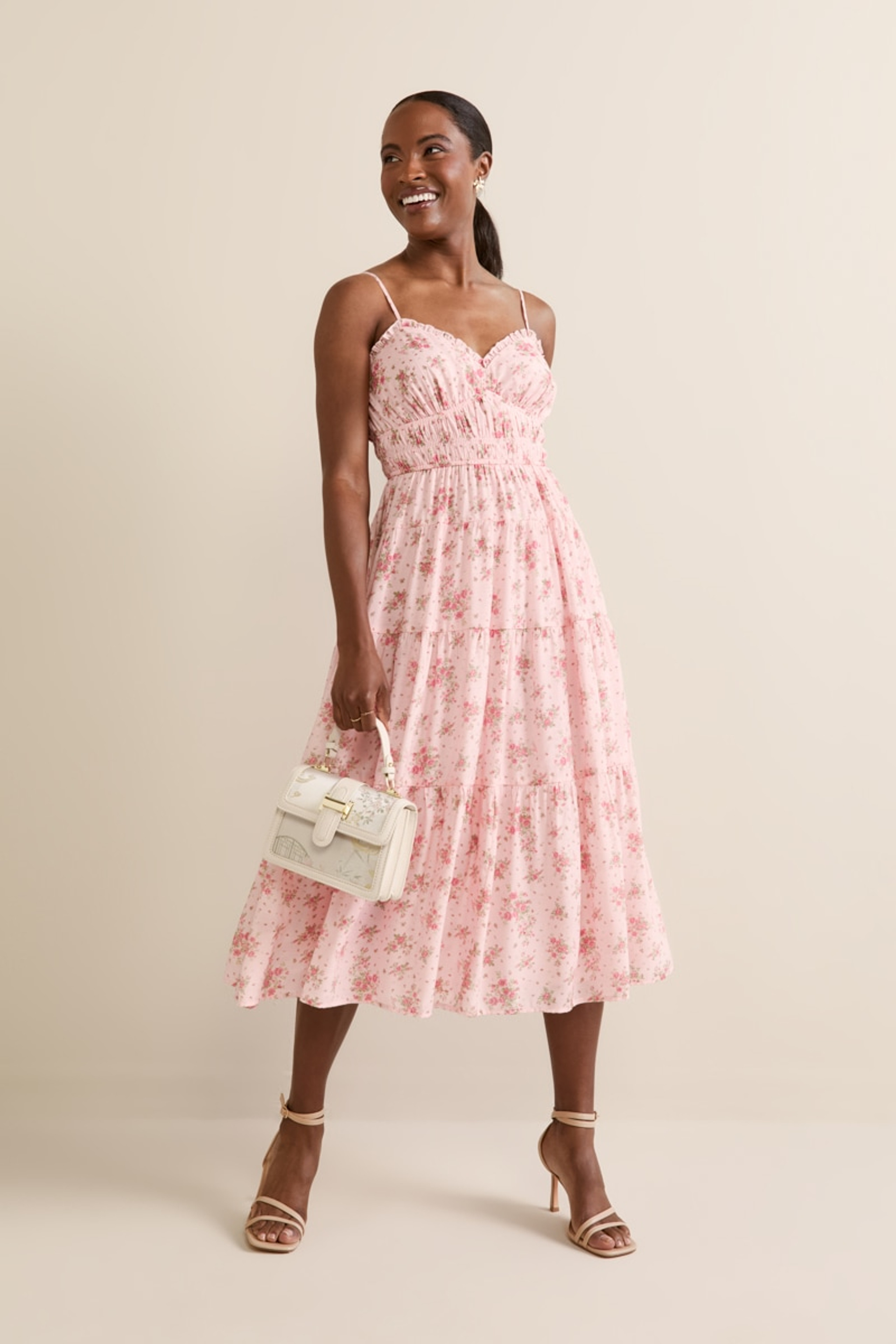 Brianna Ruched Floral Midi Dress | Francesca's