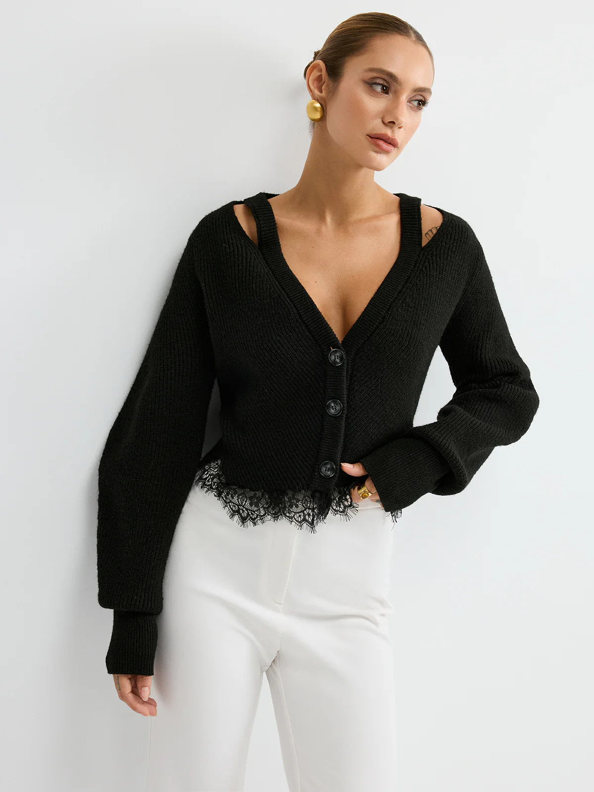 Lace Hem Wool Blend Cardigan | Commense