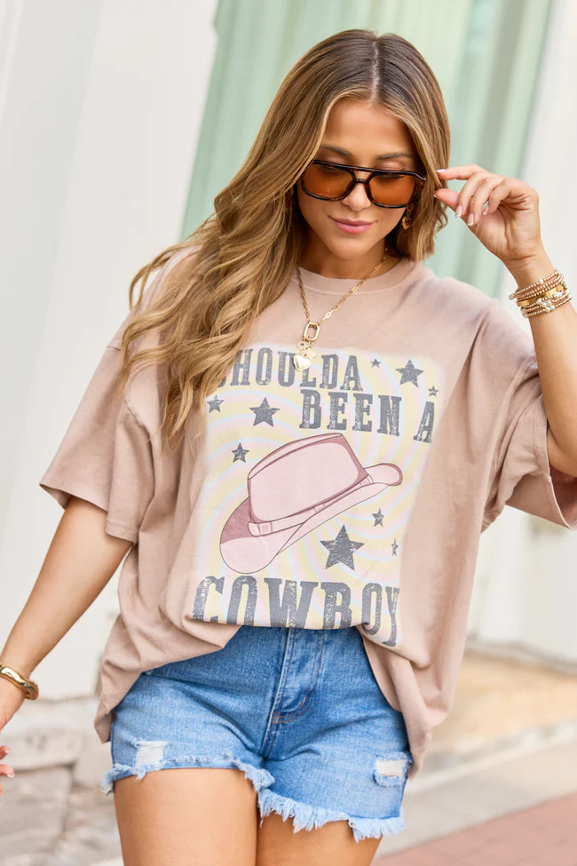 Shoulda Been A Cowboy Taupe Oversized Graphic Tee | Pink Lily