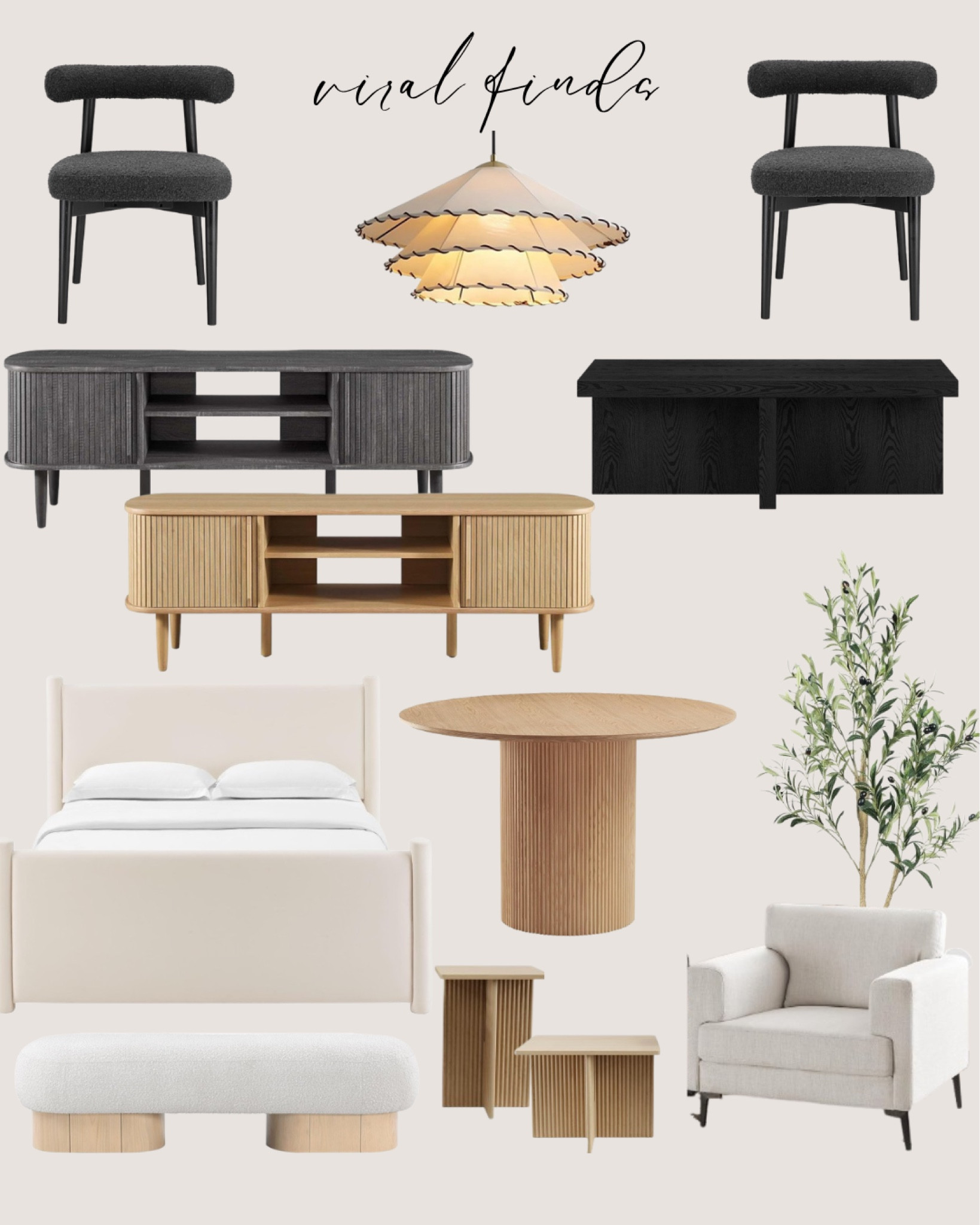 Amazon viral finds:
White bed. Natural wood dining table. White bench. Natural wood side tables. White accent chair. Decor plant. Black media stand. Natural wood media stand. Black coffee table. White pendant modern. Black dining chair.

#LTKHome #LTKSaleAlert