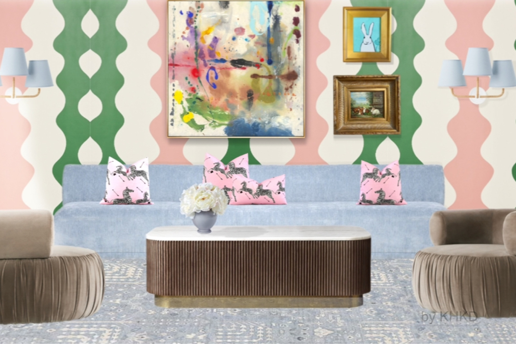 Living Room  Easter Decor Idea—-We’re in the mood for a splash of color. So this dramatic bold wallpaper takes the center stage and serves as a perfect backdrop for our handpicked paintings on the wall. We chose blue Modular armless sofas from Anthropologie to anchor the room thanks to its modern and simplicity design. Two of taupe accent chairs from Anthropologie provide the extra seating with style A reeded oak coffee table from Arhaus is a perfect match for all of the seating pieces. We love the brass accents and white marble top on the coffee table. The blue drapes elevate the whole space with softness and sophistication. The pink iconic Zebra pillows are playful. . A Serena&Lily’s hand-knotted rug brings in a touch of classicism and echoes the coastal blue on the wall sconces. 

#LTKsalealert #LTKSpringSale #LTKhome
