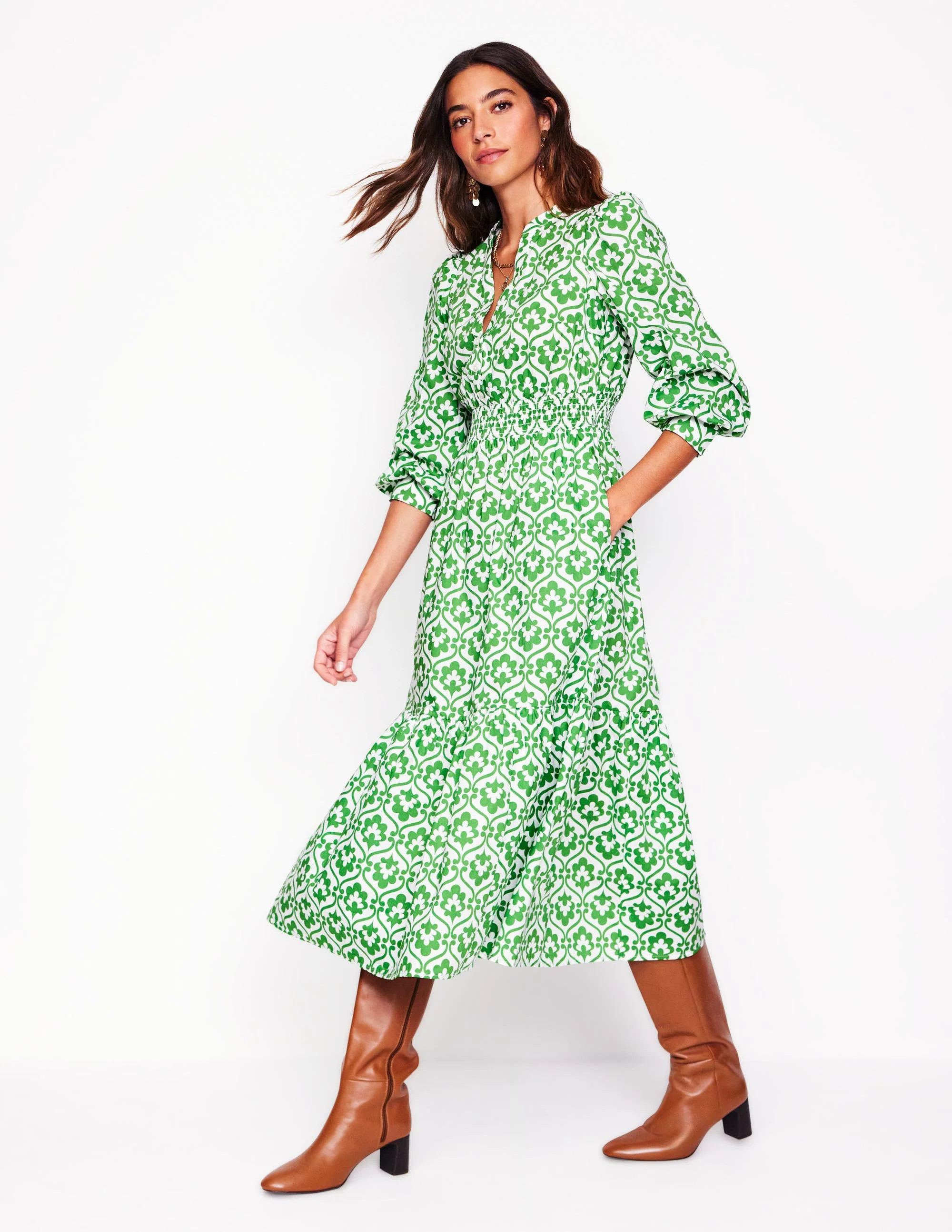 Elena Tiered Cotton Midi Dress-Paradise Green, Ivy Trellis | Boden (US)