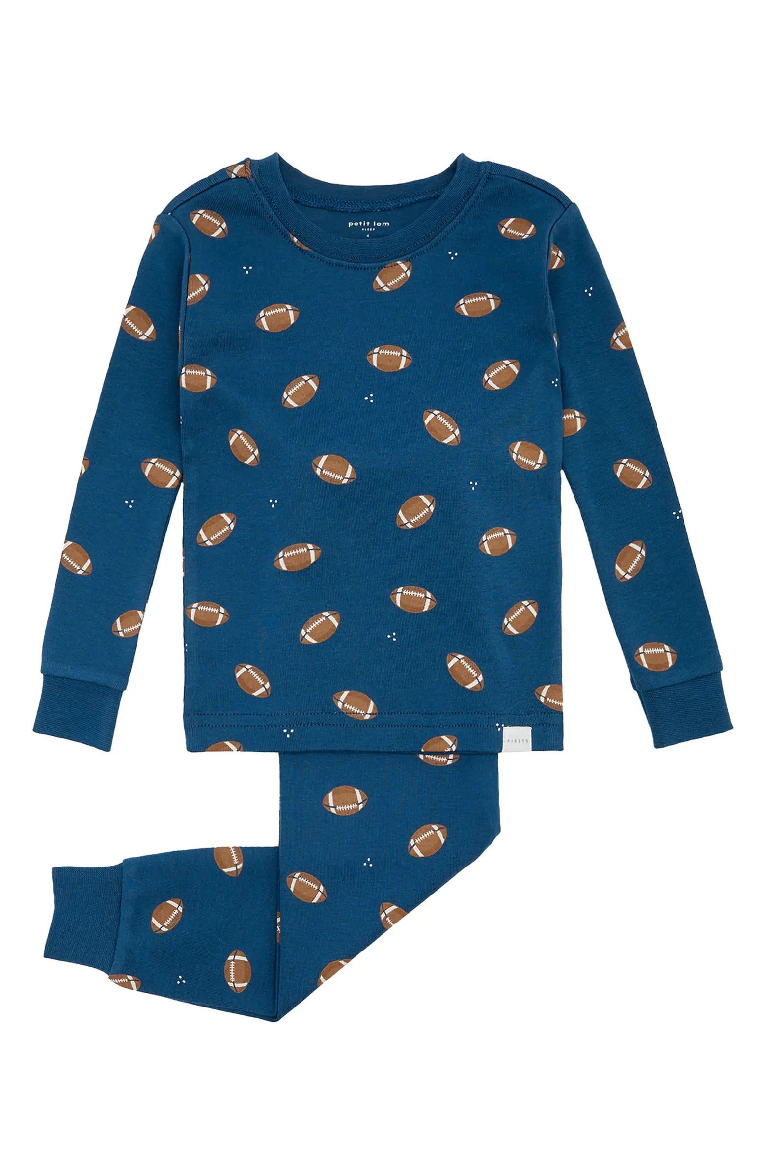 Kids' Football Print Fitted Organic Cotton Two-Piece Pajamas | Nordstrom