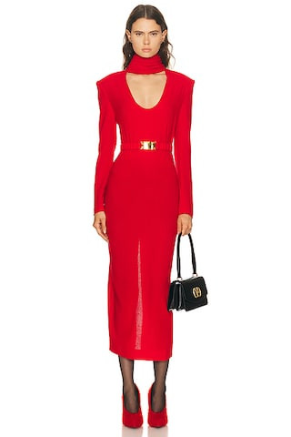Long Sleeve Plunging Draped Collar Dress | FWRD 