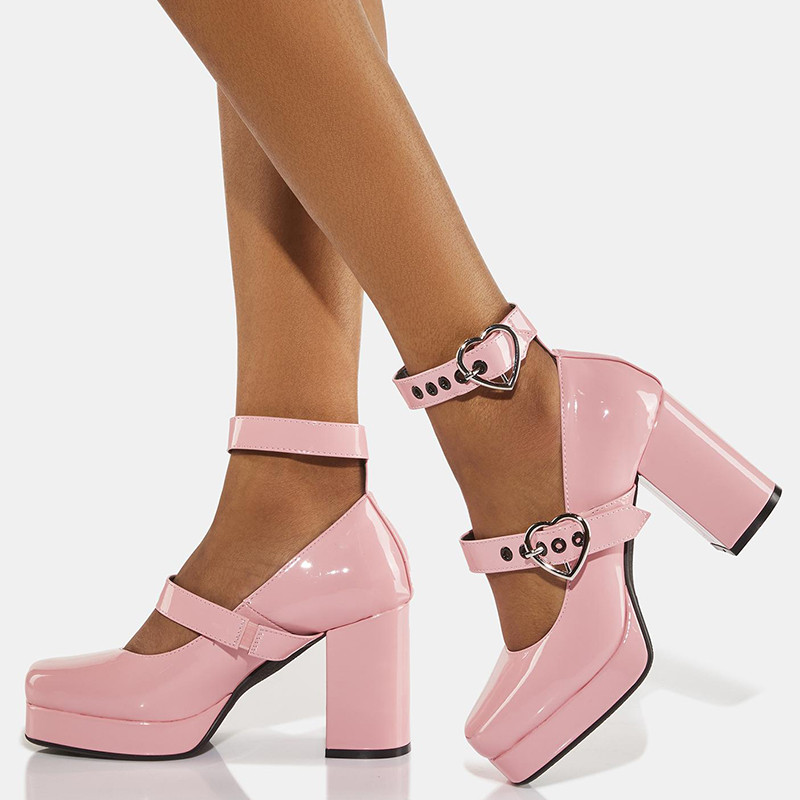 Pink Patent Shoes Vintage Buckle Shoes Square Toe Platform Heels | FSJshoes