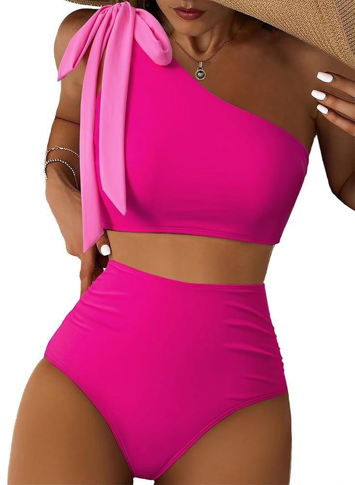 Herseas Women's One Bow Shoulder Bikini Sets 2 Piece Ruched Swimsuit Elegant Bathing Suit | Amazon (US)