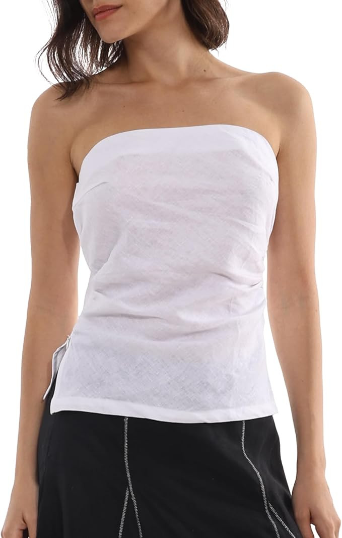 Amazhiyu Women's 100% Linen Summer Tube Tops Strapless Bandeau Blouses Split Hem | Amazon (US)
