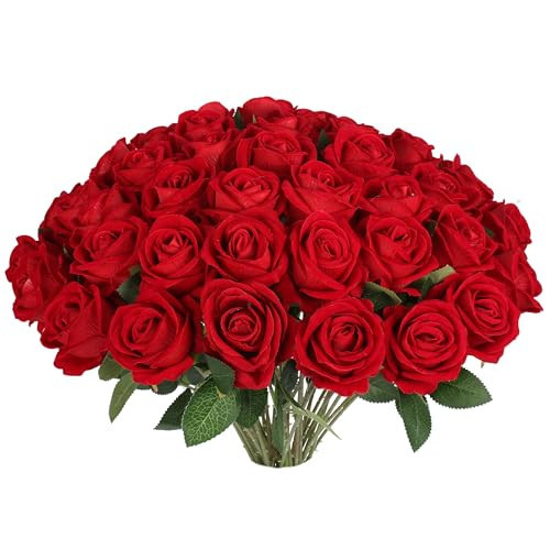 Jefuzh 30 PCS Fake Red Roses, Artificial Flowers Bulk Realistic Silk Faux Red Rose with Stems for Wedding Decoration Anniversary Bridal Bouquet DIY Floral Arrangement Romantic Home Decor | Amazon (US)