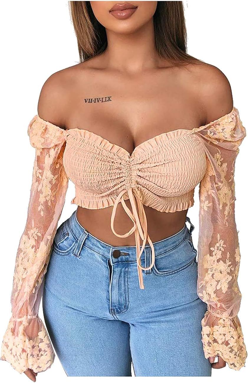 L'VOW Women's Lace Puff Long Sleeve Tube Top Off Shoulder Crop Top Sexy Pleated Chiffon Smocked M... | Amazon (US)
