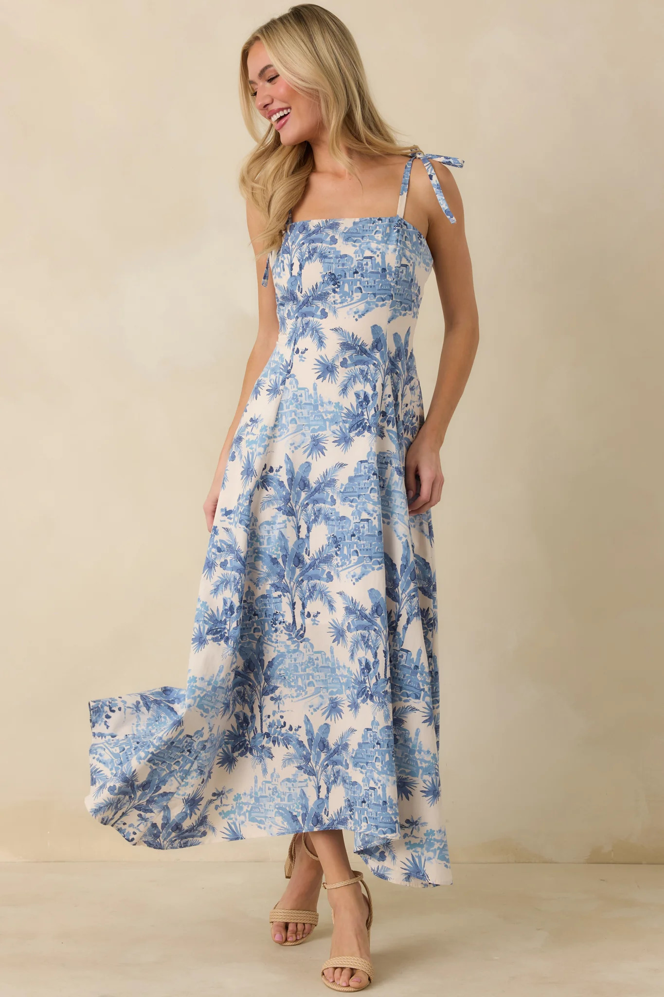 Santorini Sketch Blue Palm Print Tie Strap Maxi Dress | Red Dress