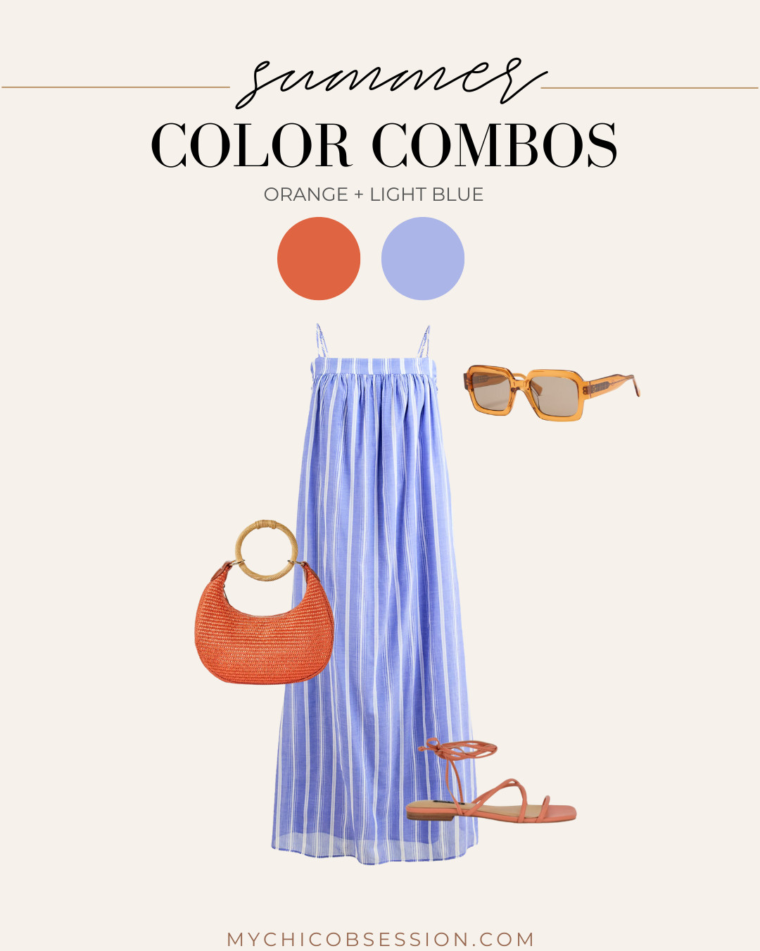 Orange and blue make for a chic summer outfit combo! Pair a breezy striped dress with an orange woven bracelet bag, orange sunglasses and strappy sandals for a fun summer look. 

 #LTKSeasonal #LTKStyleTip #LTKShoeCrush