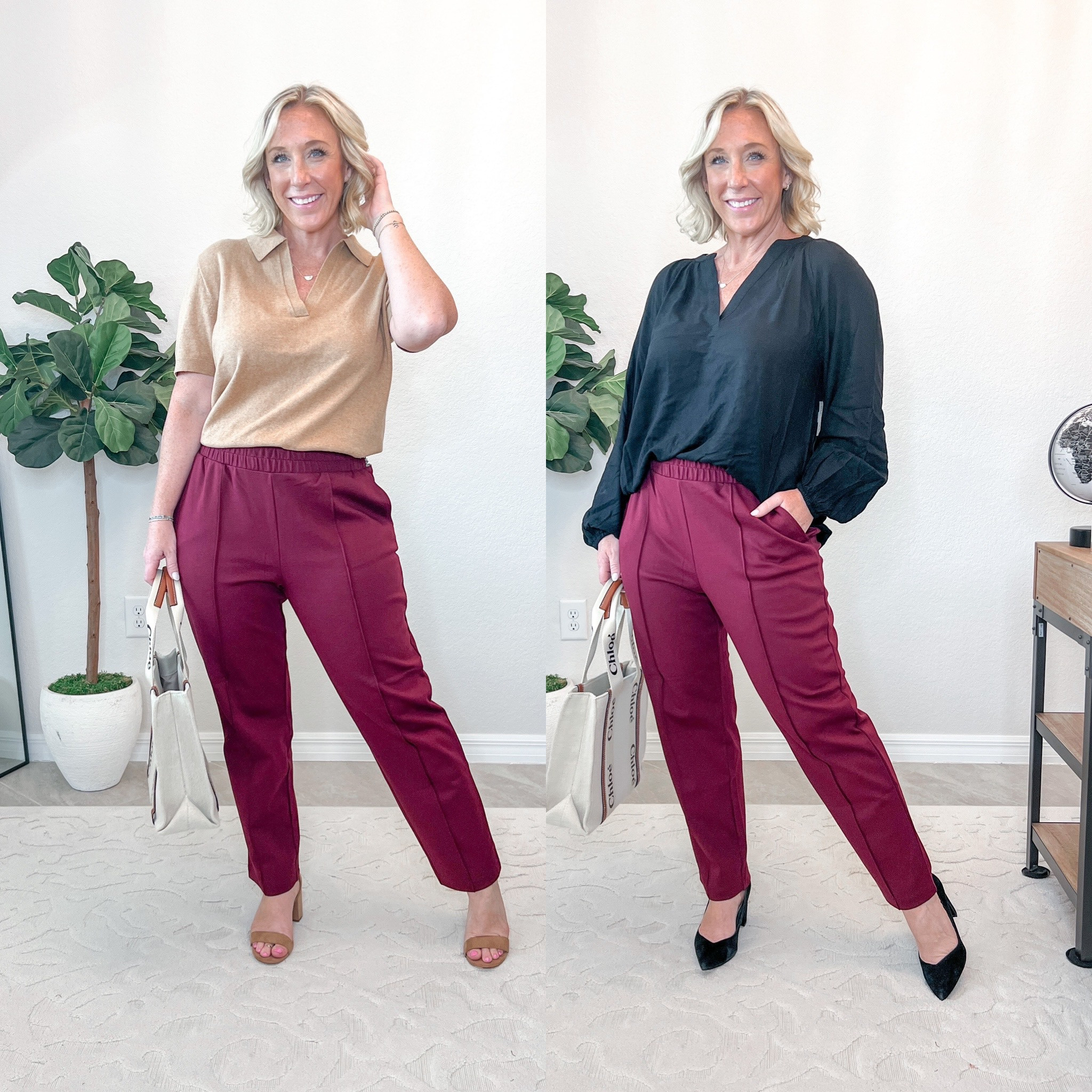$25 pull on pants - color: burgundy, size medium (I should have gotten a small - I recommend sizing down). So comfortable!
Short sleeve polo sweater - size medium.
Long sleeve blouse - size medium (probably could have done a small?).

#LTKworkwear #LTKstyletip #LTKBacktoSchool