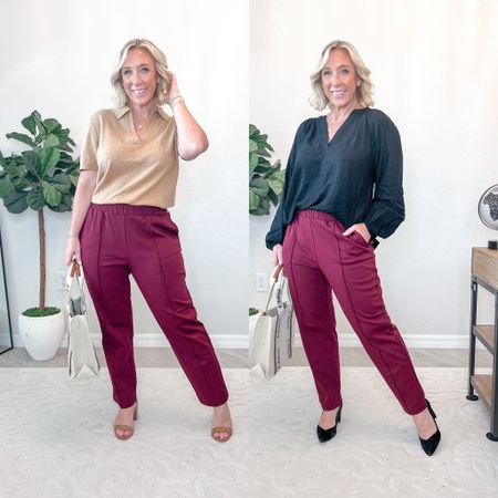 $25 pull on pants - color: burgundy, size medium (I should have gotten a small - I recommend sizing down). So comfortable!
Short sleeve polo sweater - size medium.
Long sleeve blouse - size medium (probably could have done a small?).

#LTKworkwear #LTKstyletip #LTKBacktoSchool