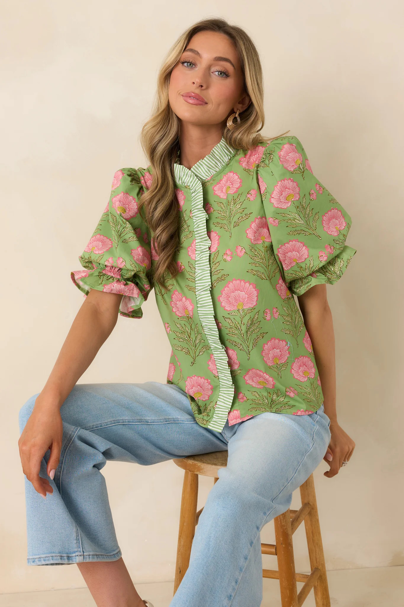 Meadow Morning Green & Pink Floral Print Puff Sleeve Top | Red Dress