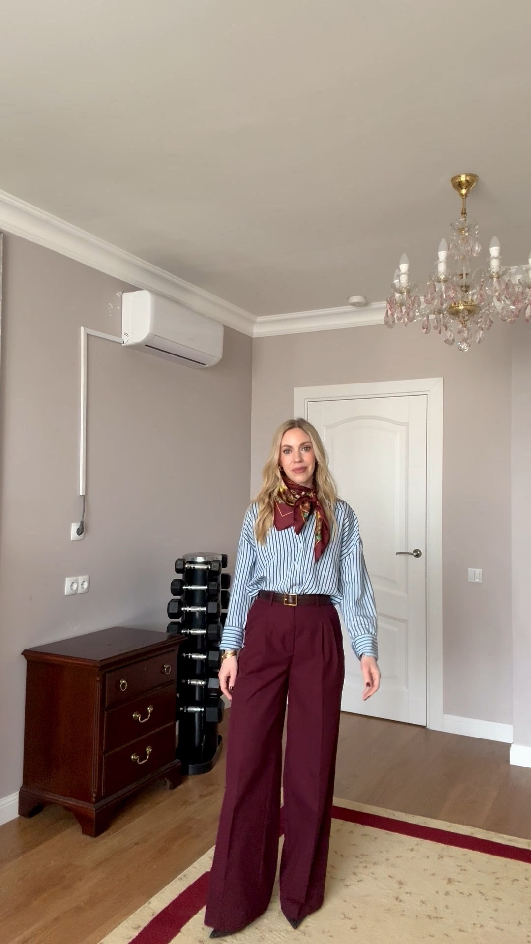 Work outfit, spring workwear, business casual workwear, @Zara striped button down shirt, silk scarf, burgundy pants

#LTKSeasonal #LTKootd #LTKOver40