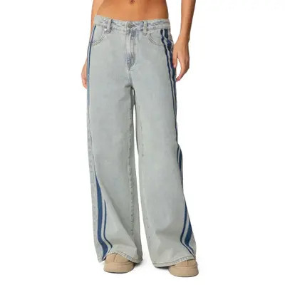 EDIKTED Side Stripe Wide Leg Jeans in Light-Blue at Nordstrom, Size Medium | Nordstrom