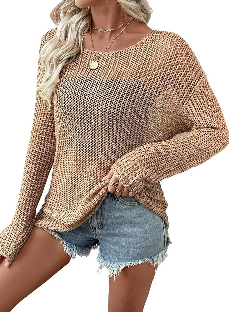 EVALESS Womens Sweaters Casual 2026 Spring Summer Crochet Hollow Out Tops Crewneck Long Sleeve Be... | Amazon (US)