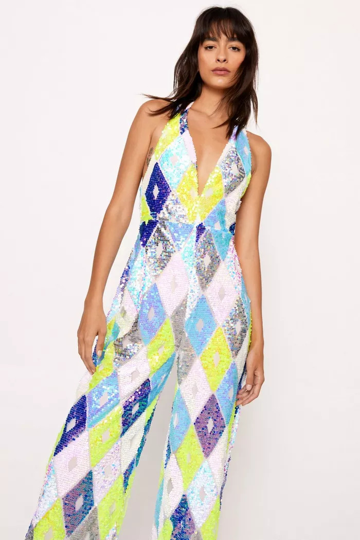 Premium Diamond Sequin Halterneck Jumpsuit | Boohoo.com (UK & IE)