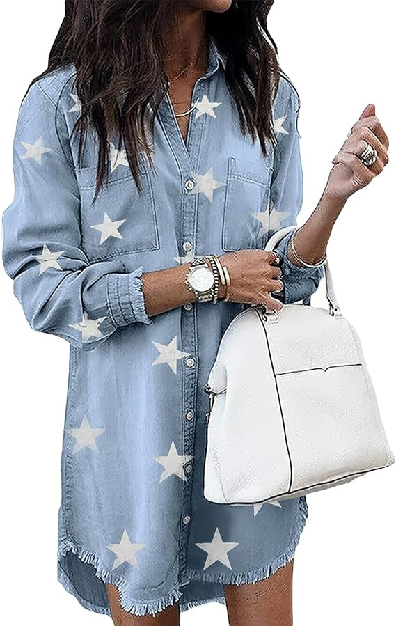 Zilcremo Women Denim Shirt Dresses Long Sleeve Distressed Jean Dress Button Down Casual Tunic Top | Amazon (US)