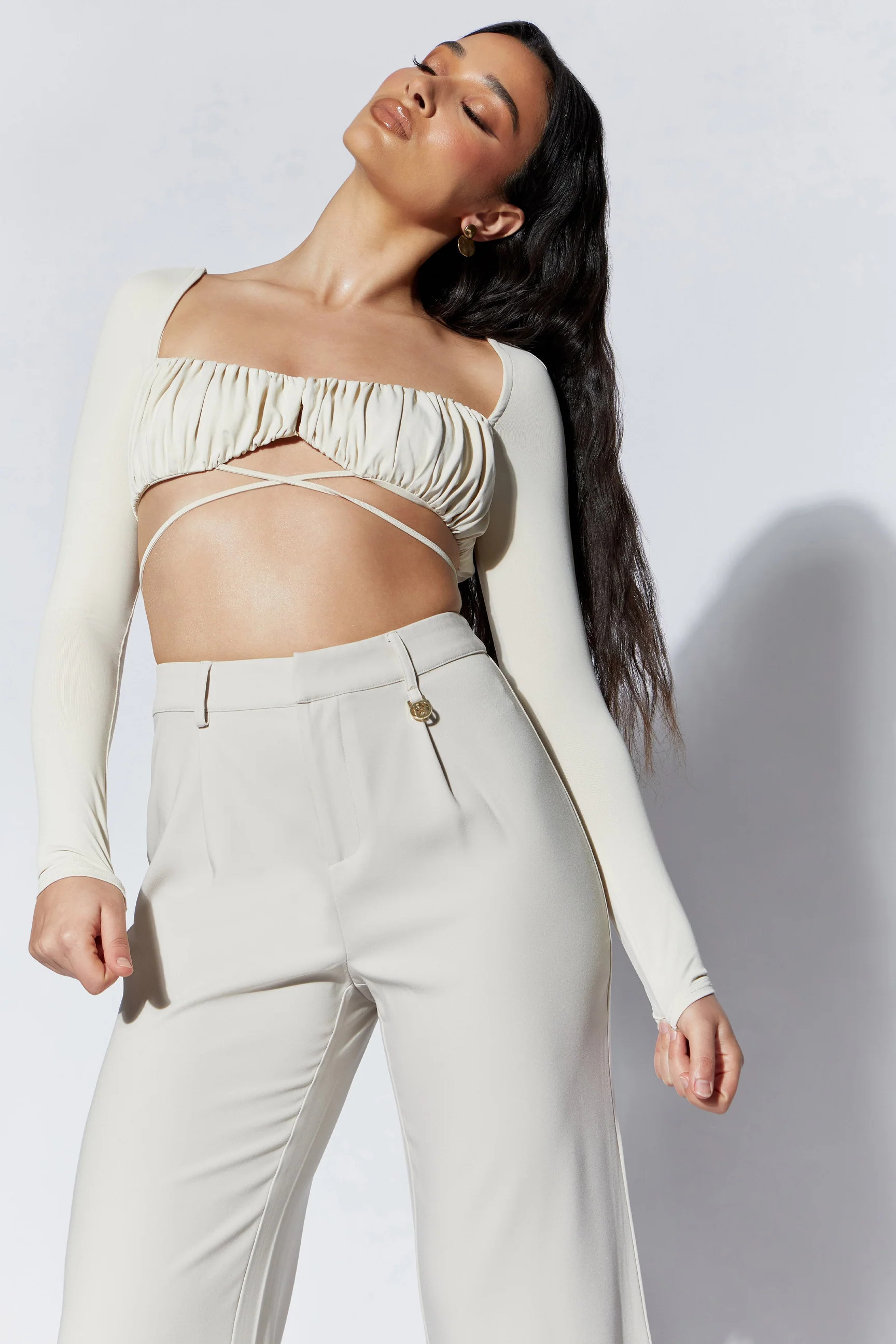 Geesou Ruched Bust Long Sleeve Tie Top - Wheat | MESHKI US