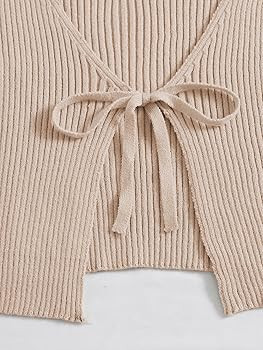 Floerns Women's Tie Front Long Sleeve Rib Knit Shrug Sweaters Cardigan Crop Top | Amazon (US)