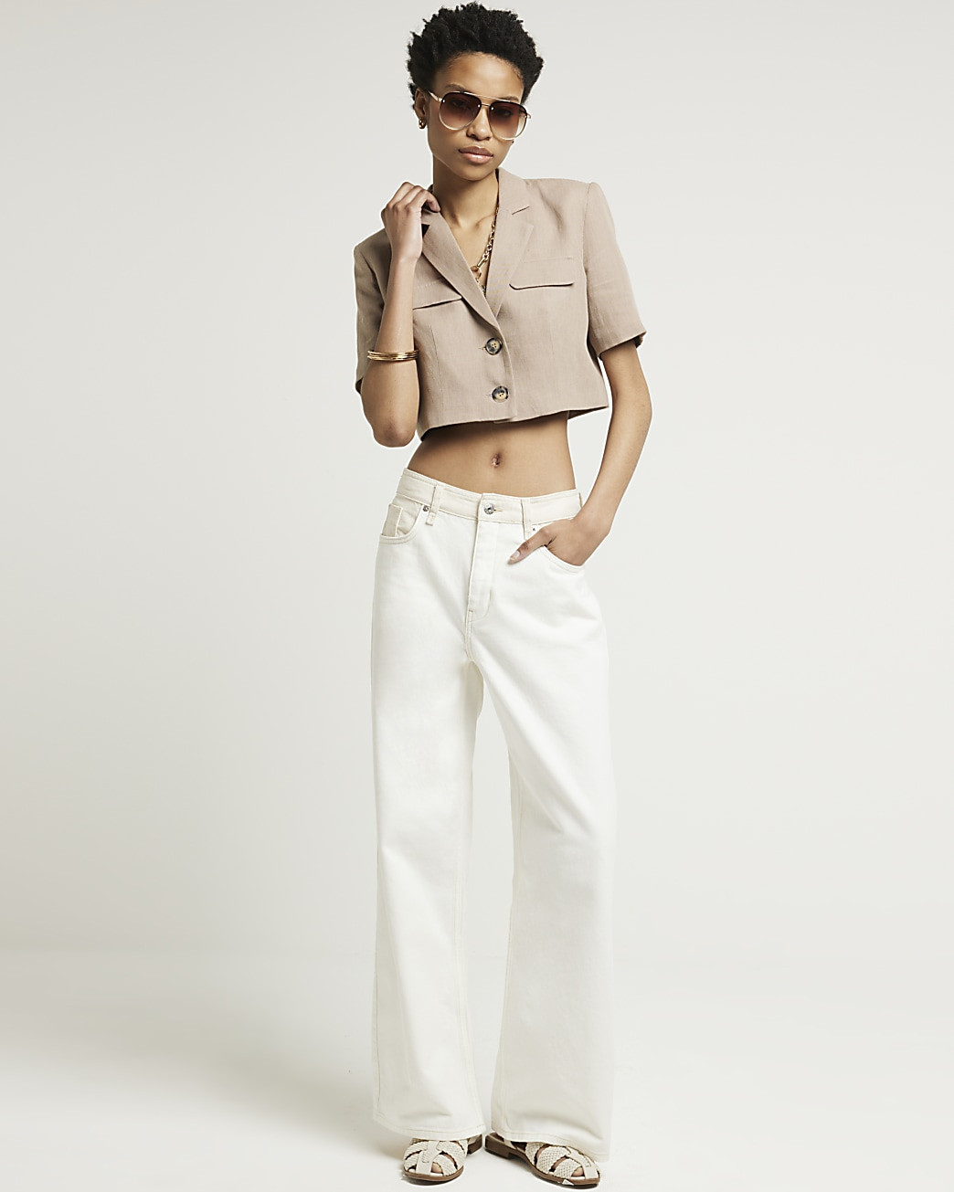 Beige linen blend crop jacket | River Island (UK & IE)