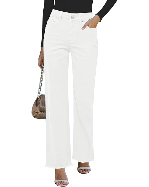 GRAPENT Straight Leg Jeans for Women High Waisted Stretchy Frayed Raw Hem Loose Denim Pants Casua... | Amazon (US)