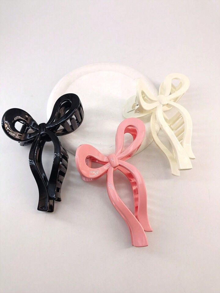 3pcs/Pack 13cm Long Glossy Ribbon & Bowknot Decor Plastic Hair Claw Clips For Daily Wear | SHEIN