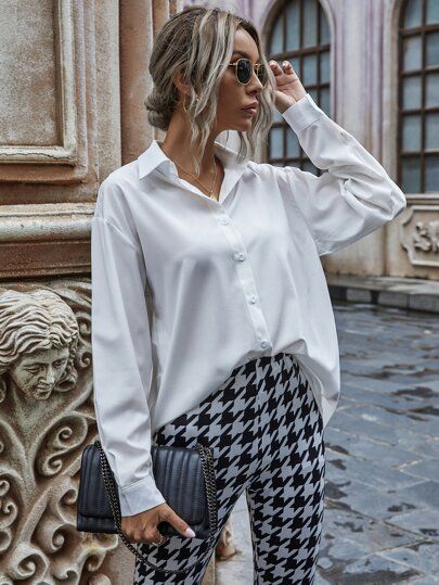 Solid Button Up Drop Shoulder Blouse | SHEIN