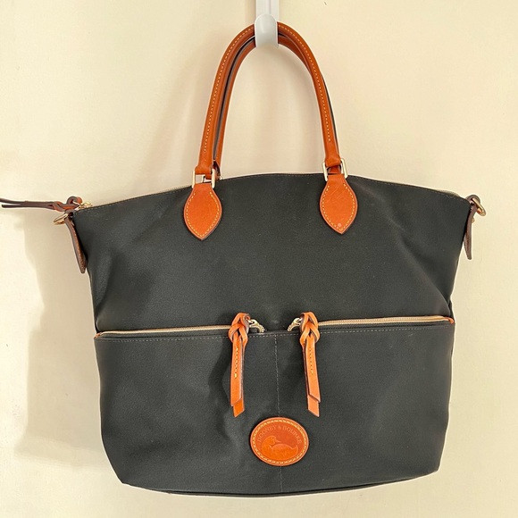 Dooney & Bourke Black Large Pocket Satchel Nylon Bag Tan Leather Trim Red Inside | Poshmark