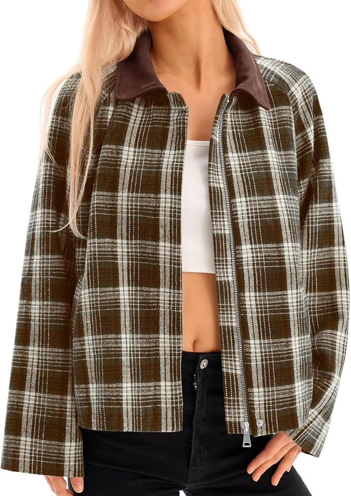 Tankaneo Womens Plaid Cropped Jackets Barn Lightweight Flannel Zip Up Utility Coat Casual Short J... | Amazon (US)