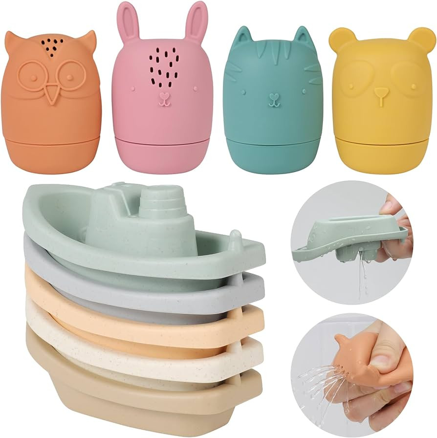 Bath Toys Floating Boats with Silicone Bath Toys,9pcs Mold Free Baby Bath Toys for Infants 6-12-1... | Amazon (US)