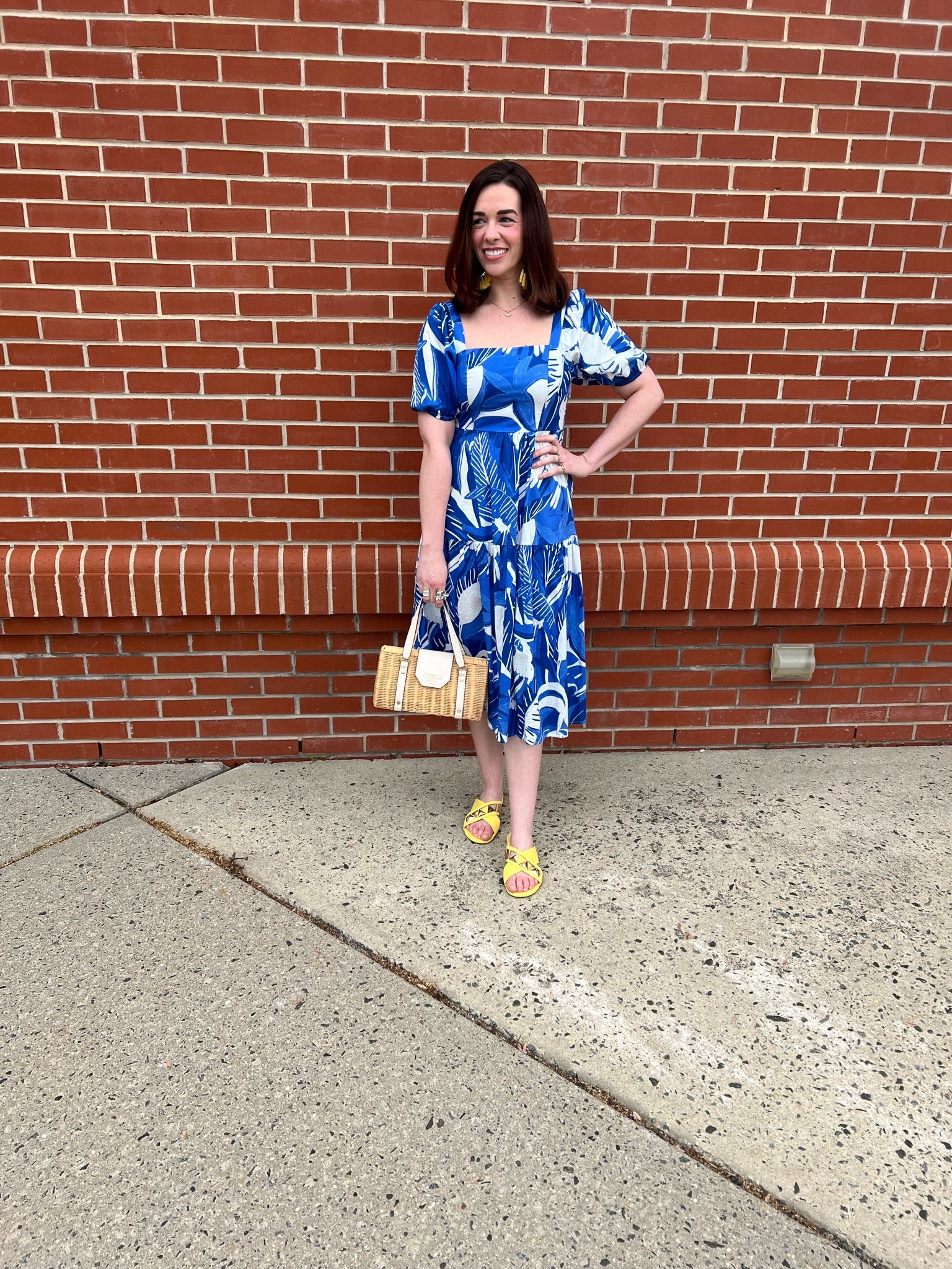 Blue and white dress (s). Yellow studded sandals (8.5). #dress #dresses #bluedress #blueandwhitedress #sandals #yellowsandals #studdedsandals #purse #strawpurse #summerdress #summeroutfit #summeroutfits 
summer outfits
graduation dresses
Memorial Day outfit

#LTKootd #LTKSeasonal