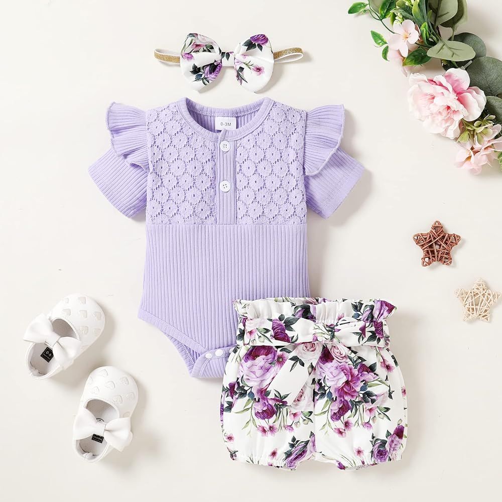 Baby Girl Clothes Short Sleeve Lace Romper and Floral Shorts Newborn Girl Summer Outfits | Amazon (US)