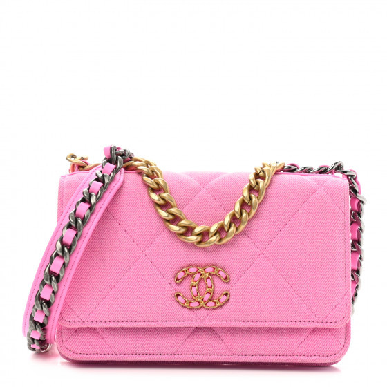 CHANEL Denim Quilted Chanel 19 Wallet On Chain WOC Neon Pink | FASHIONPHILE (US)