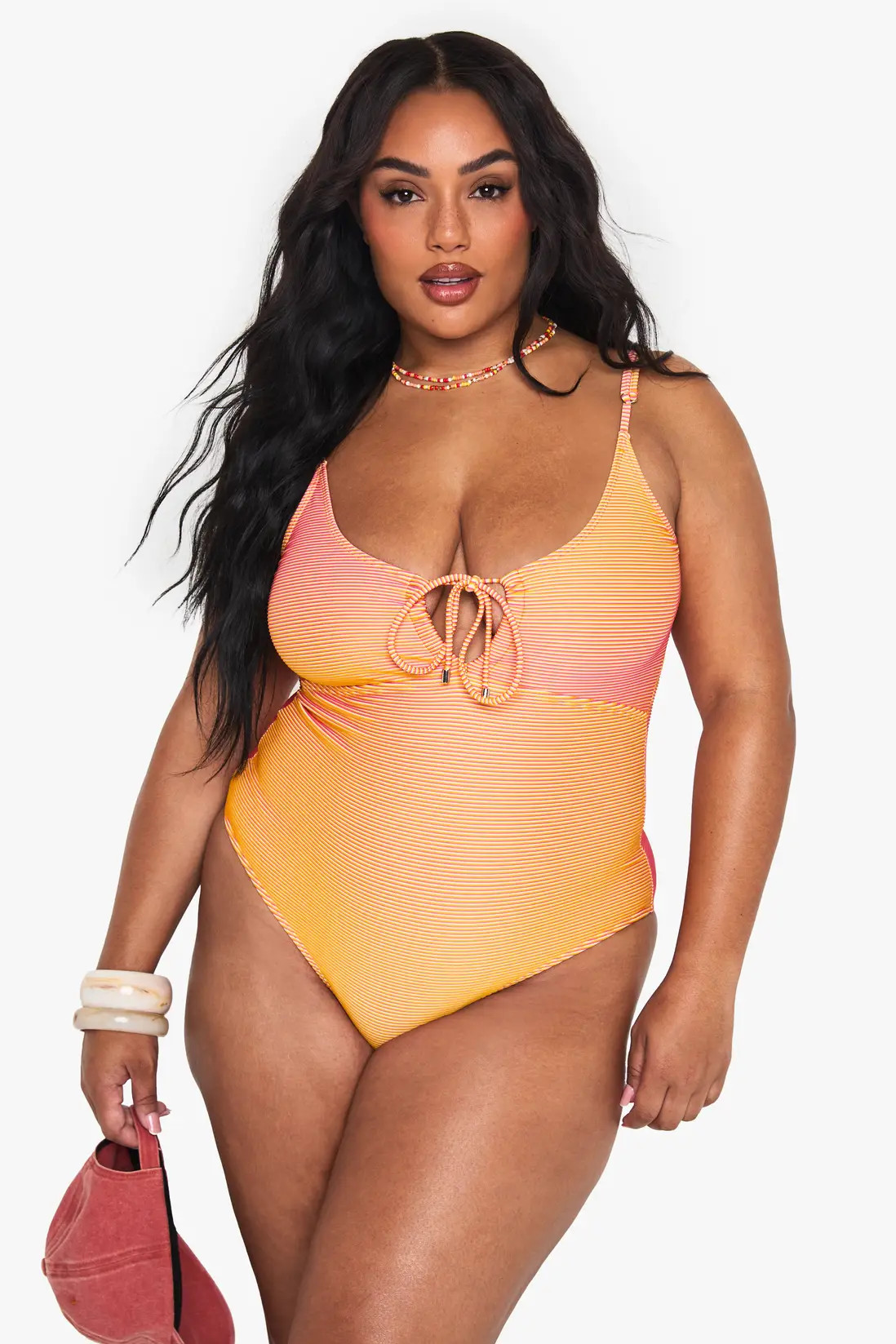 Orange Plus Textured Stripe Cutout Swimsuit | Boohoo USA | boohoo (US & Canada)